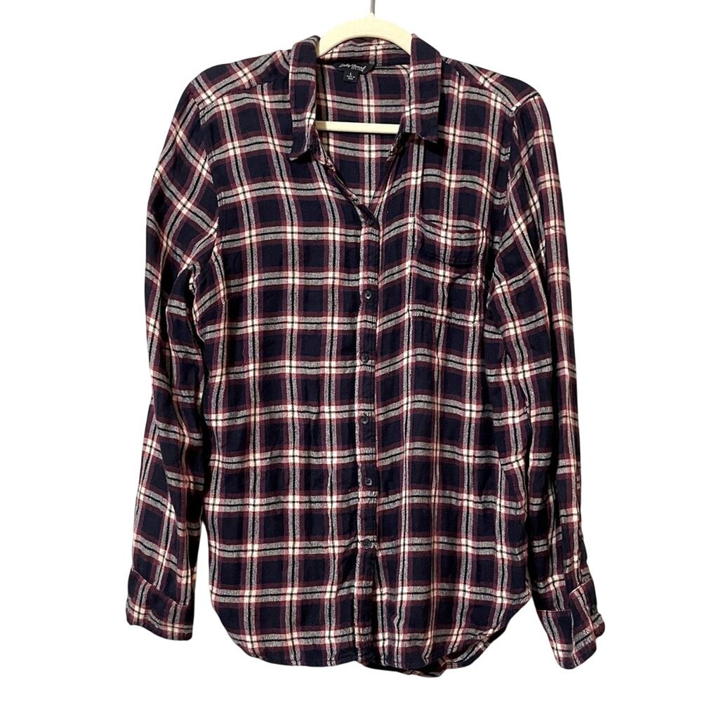 Lucky Brand Blue & Red Plaid Button Down Shirt Blouse Button Detail Back L